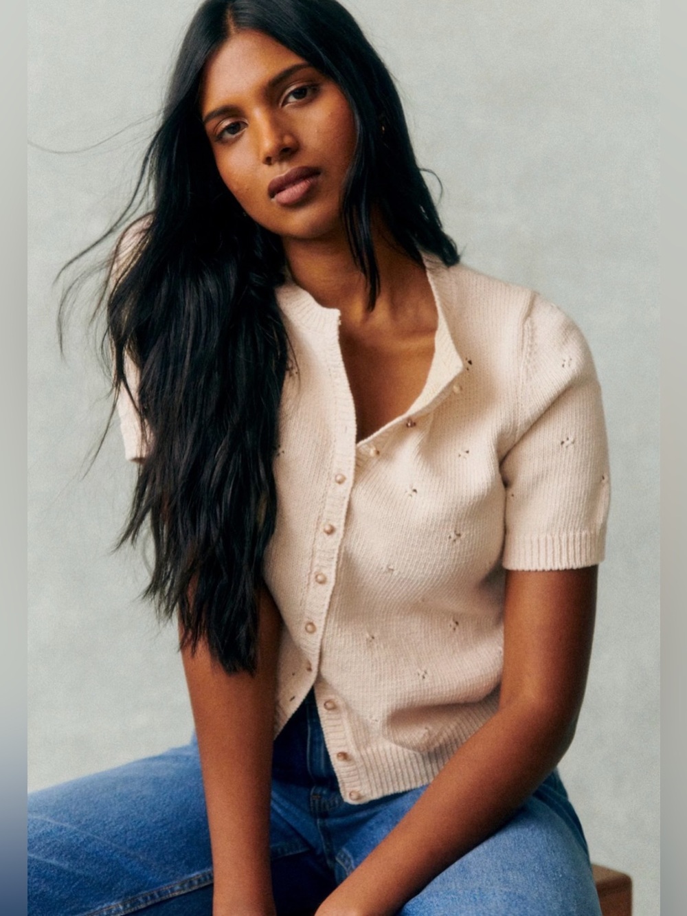 Sezane Kyle Short Knit Button-Front Sweater Cardigan - Cream